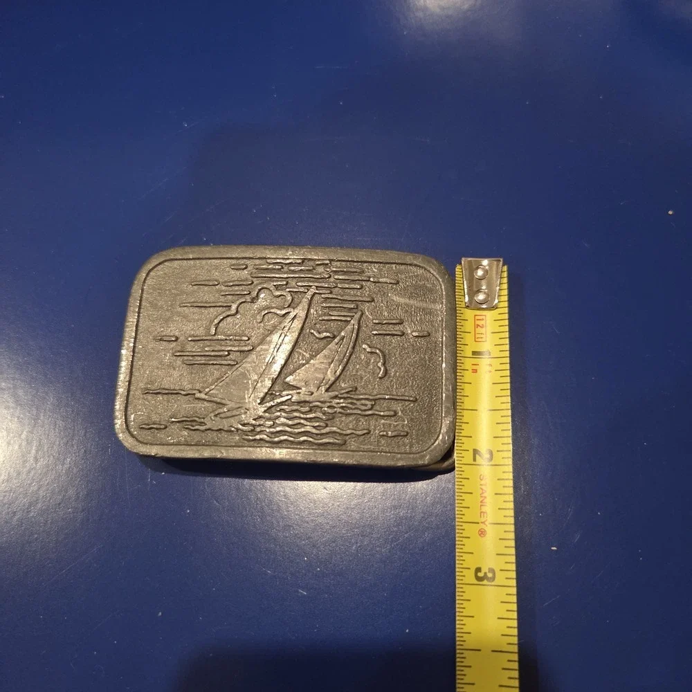 Pewter Sailboat Sailing Scene Belt Buckle Rectangular Nautical